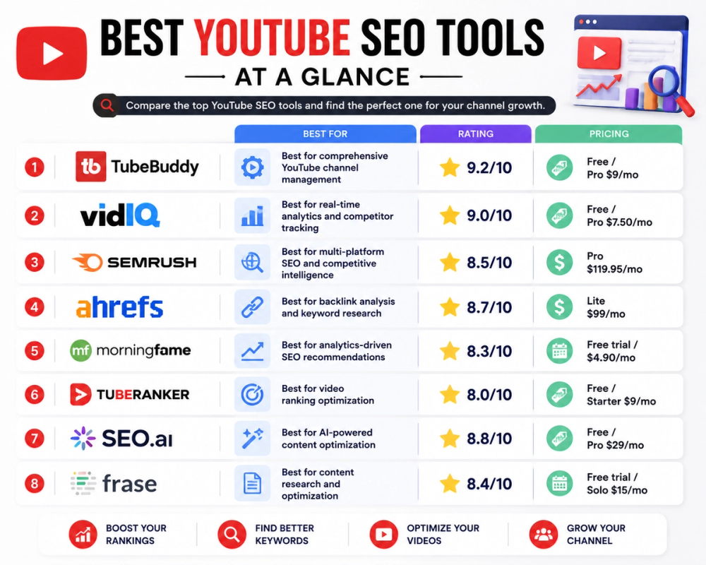8 Best AI YouTube SEO Tools in 2026: Comprehensive Guide to Optimize Your Channel