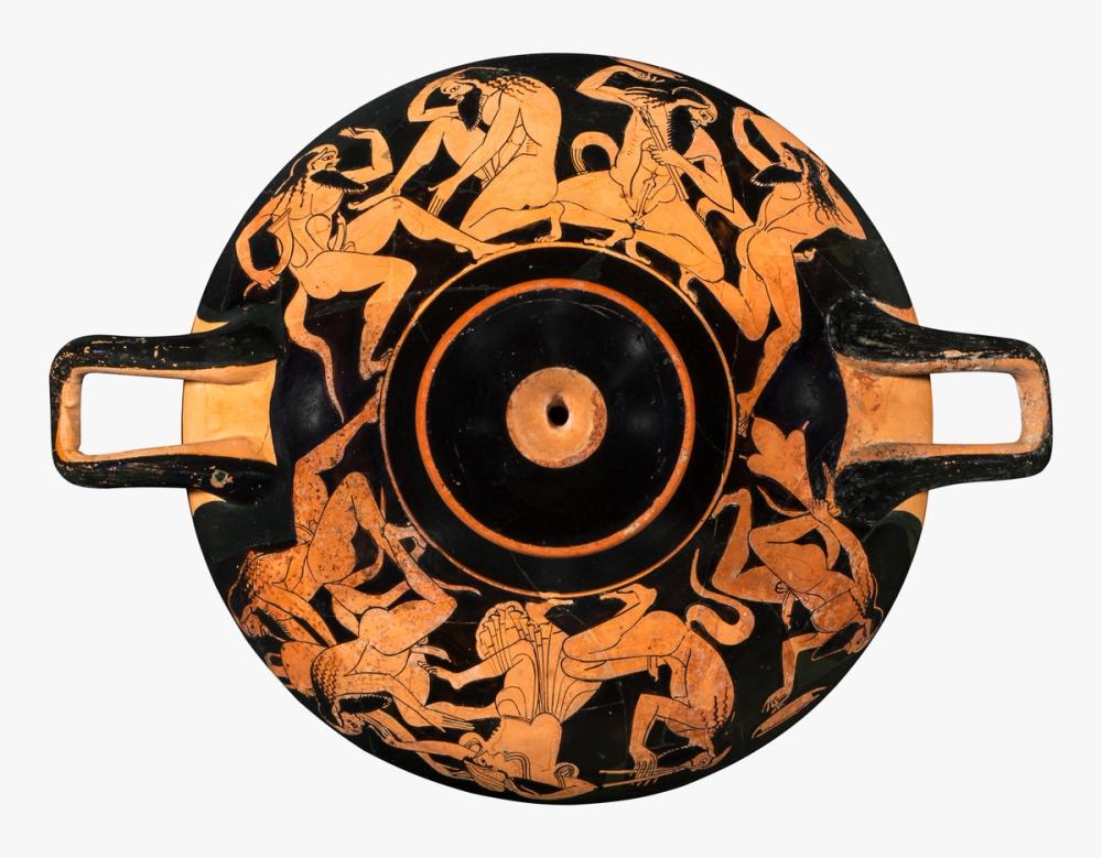 Satyrn und Mänade, die Begleiter des Weingottes Dionysos, in Rausch und Ekstase, Trinkschale, attisch-rotfigurig, um 510–500 v. Chr., MK&G, Erworben mit Mitteln der Campe’schen Historischen Kunststiftung
