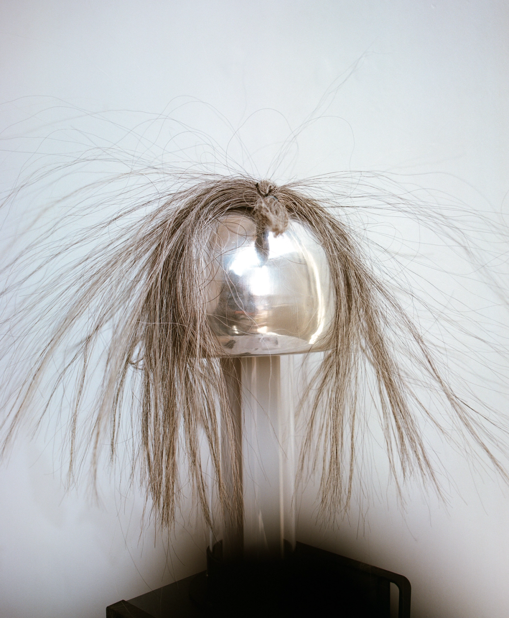 Das Bild zeigt einen Van-de-Graaff-Generator, vor weißem Hintergrund, auf dem sehr dicke graue Haare zusammengebunden liegen, ein paar einzelne Haare stehen hoch.