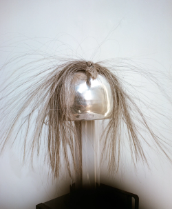 Das Bild zeigt einen Van-de-Graaff-Generator, vor weißem Hintergrund, auf dem sehr dicke graue Haare zusammengebunden liegen, ein paar einzelne Haare stehen hoch.