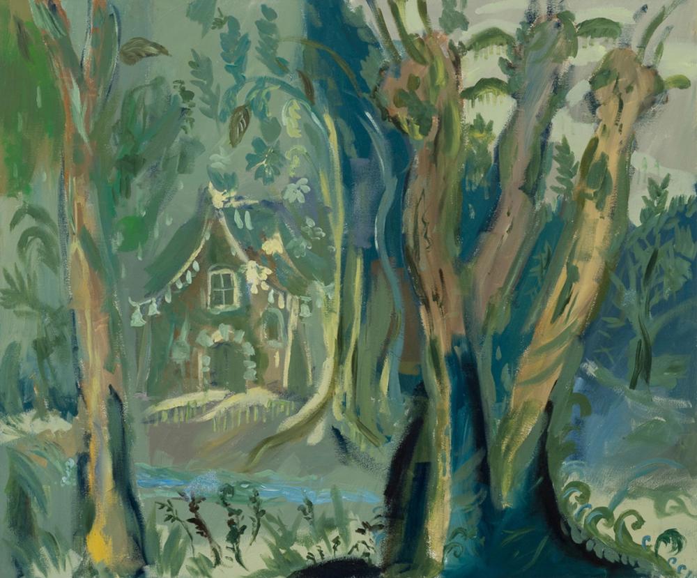 A painting of a cottage in a forest. Energetic brushstrokes.