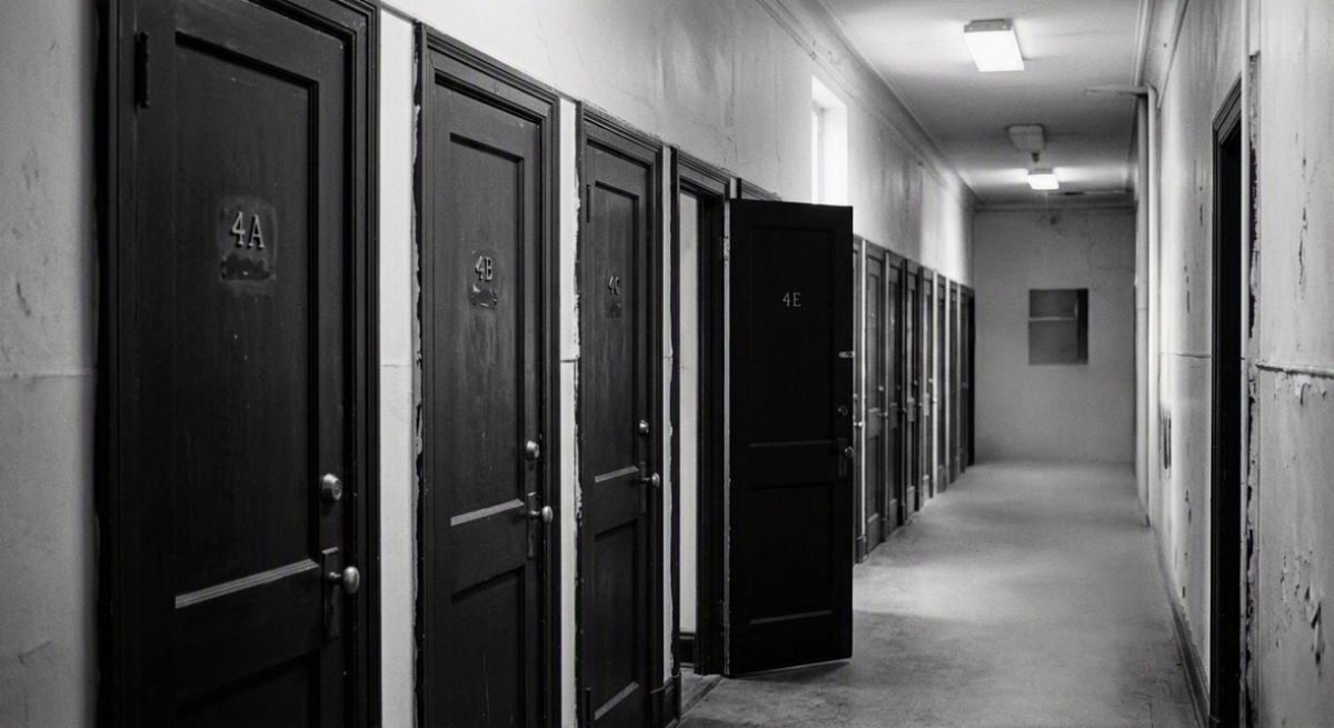 Black and white photograph of a row of near-identical doors, one standing open.