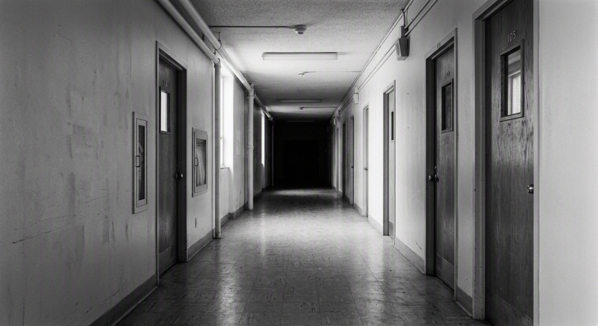 Black and white photograph of an empty hospital corridor, lit at the near end and receding into darkness.