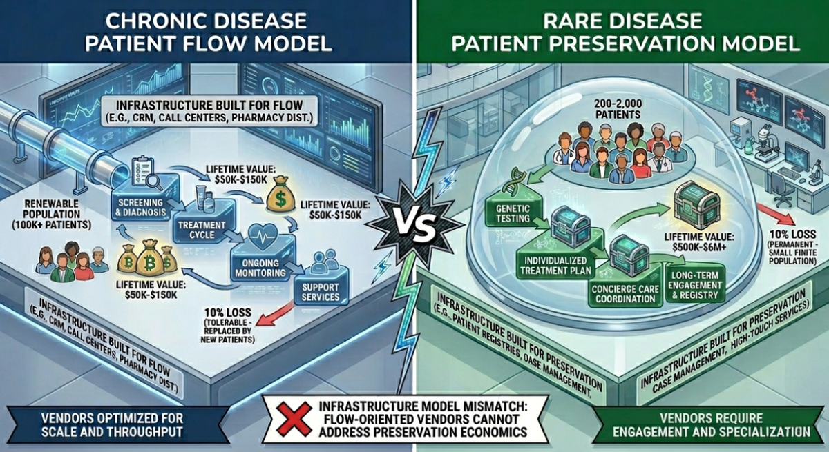 Infrastructure designed for renewable populations destroys finite ones. Why rare disease with $2M patients needs journey-optimized, not vendor-optimized models.