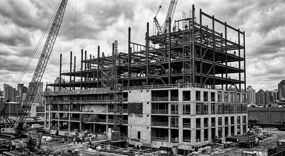 Black and white photograph of a half-built structure, steel framework rising against open sky, upper floors unfinished.