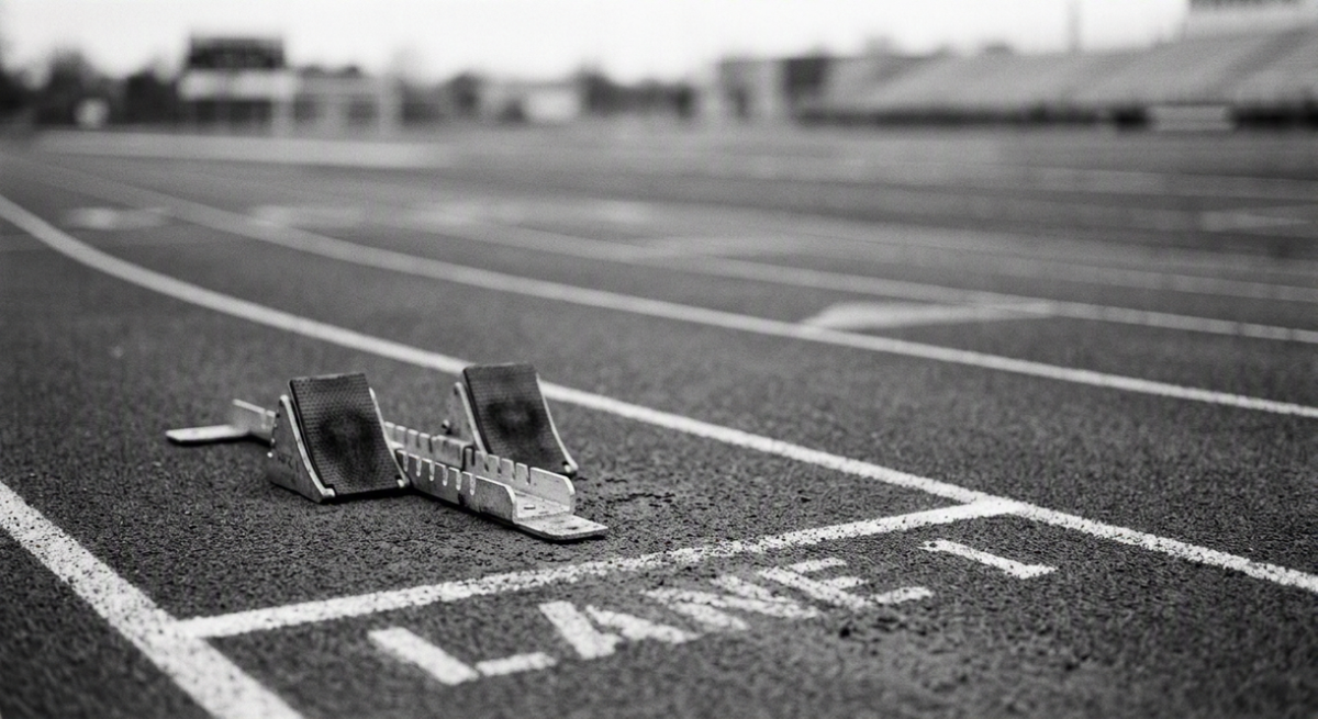 Black and white photograph of an empty running track starting line, lanes stretching ahead into soft focus.