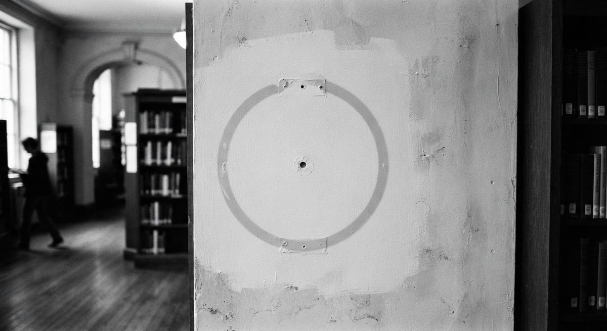 lack and white photograph of a freshly painted wall with the faint outline of something removed still showing through.