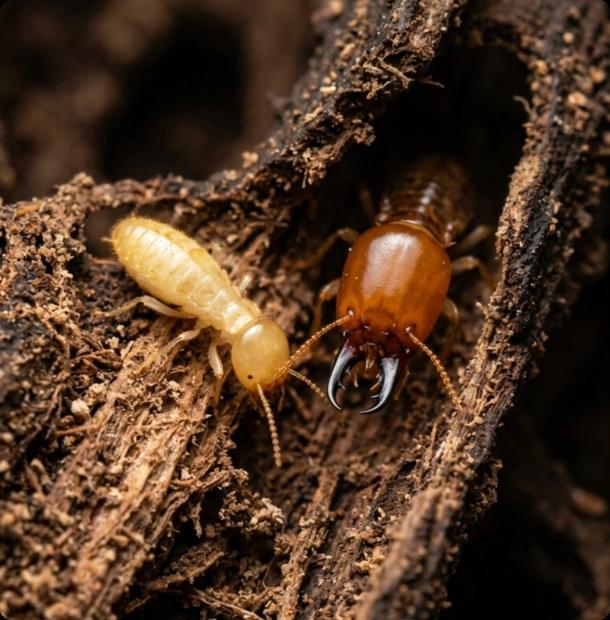 Worker termites tunneling through damaged wood grain in an Arizona home