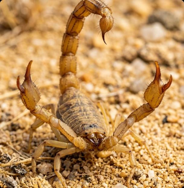 Arizona bark scorpion in defensive posture with raised tail and pincers on desert sand