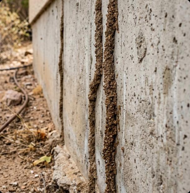 Termite mud tubes running along a concrete foundation wall, a common warning sign of termite infestation in Arizona