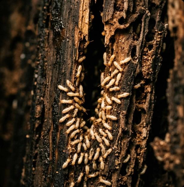 Active termite colony infesting a cracked wood beam showing extensive structural damage from termites
