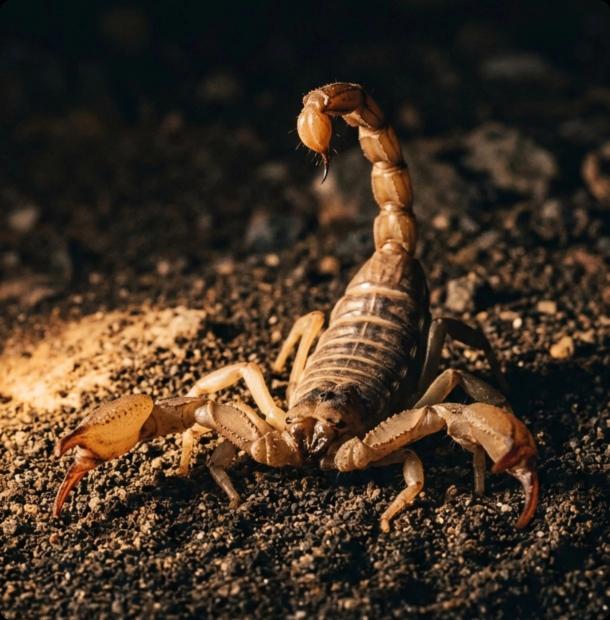Arizona bark scorpion in aggressive stance on dark desert sand in the Phoenix metro area
