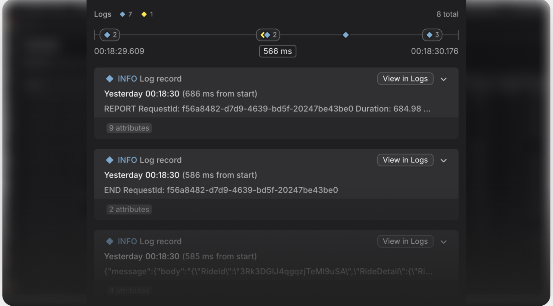 One click from a log line to its trace