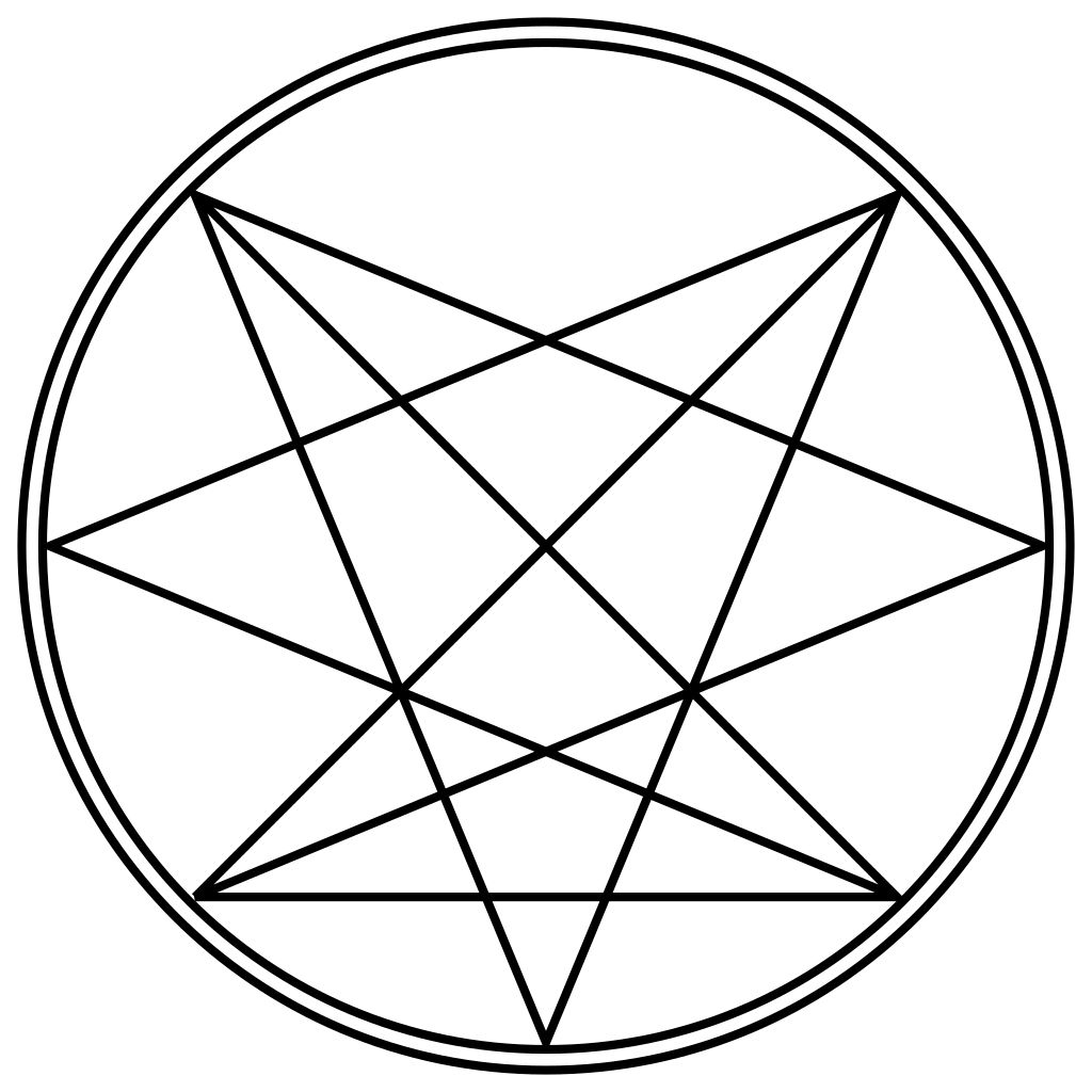 Un "Septinary Sigal" noir sur fond blanc. C'est une série symétrique à sept pointes de lignes connectées à l'intérieur de deux cercles. Toutes les lignes sont d'épaisseur égale. Plusieurs pentagrammes peuvent être formés à partir des lignes du symbole.