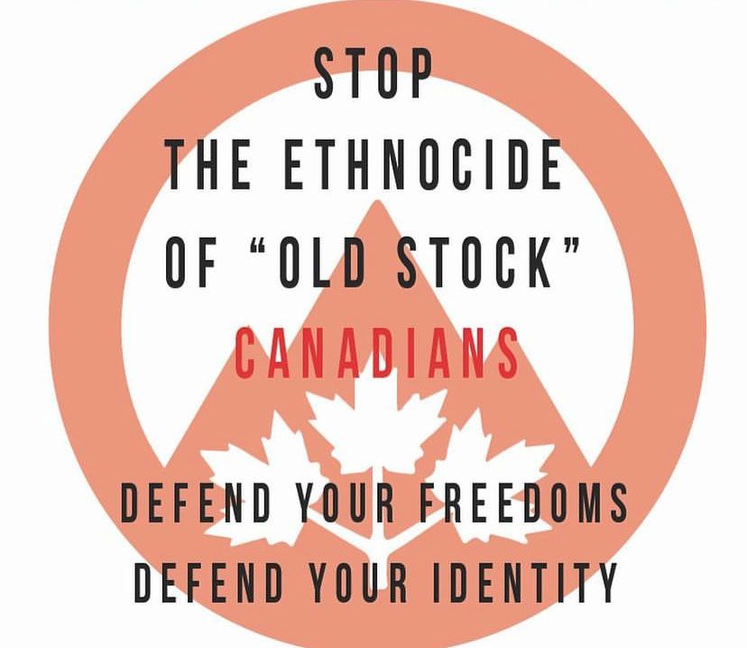 Un lamda identitaire avec trois feuilles d'érable attachées à une branche en son centre. Ci-dessus, le texte indique « Stop the ethnocide of ''old stock'' Canadian. Défendez vos libertés. Défendez votre identité.