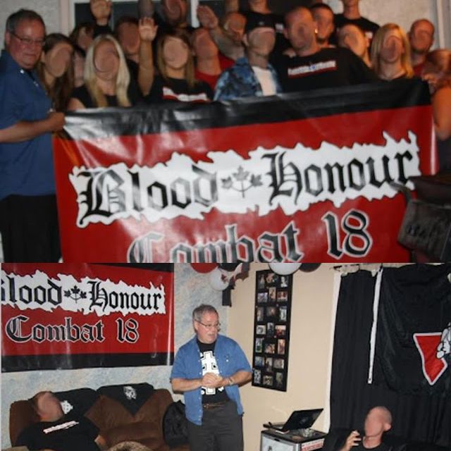 A Banner reads "Blood & Honour" and "Combat 18" with three maple leaves in place of an ampersand. It is displayed in two photographs with peoples' faces sensored. The exception to sensorship is Paul Fromm, who is visible in both.