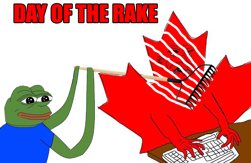 A Pepe rakes an anthropomorphized maple leaf typing at a keyboard. Text above reads "DAY OF THE RAKE".