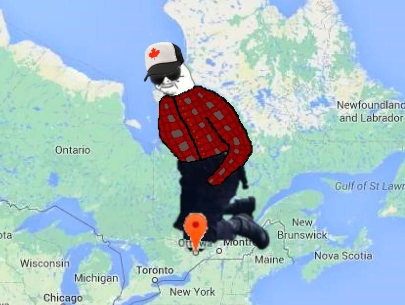 Une photo d'un camionneur wojak agenouillé sur la ville d'Ottawa sur une carte, à la Derek Chauvin.