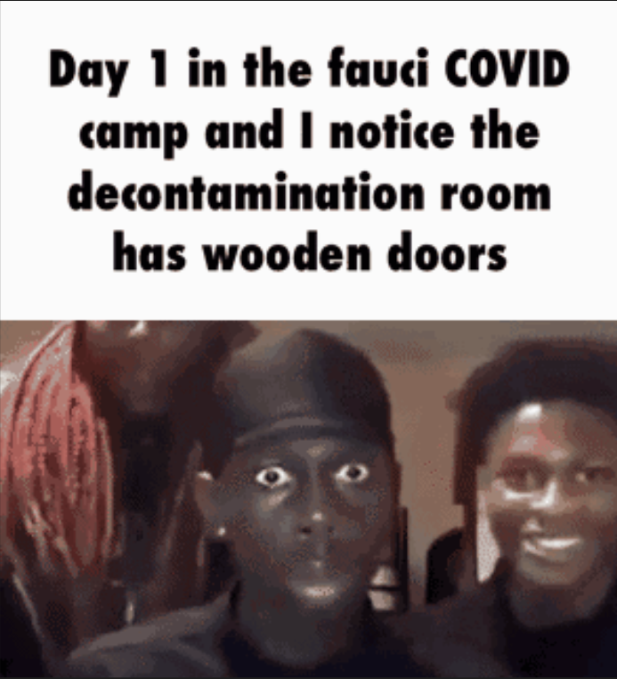 Un mème à deux panneaux montrant le texte ci-dessus qui se lit "Jour 1 dans le camp Fauci COVID et je remarque que la salle de décontamination a des portes en bois". Ci-dessous, une photo d'un homme noir, l'air surpris.