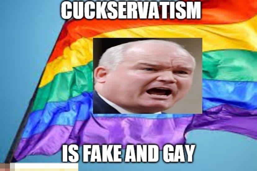 Une photo d'Erin O'Toole grossièrement retouchée sur un drapeau Pride. Au-dessus et en dessous, une légende indique "le cuckservatisme est" et "faux et gay !"