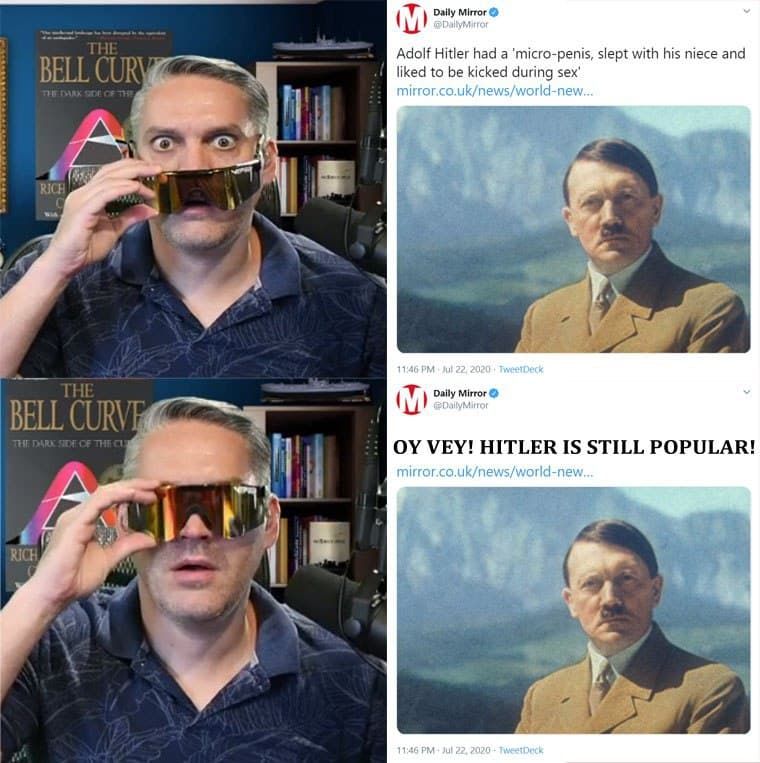A picture of a man taking off his Pit Vipers and staring. Next to him is a Tweet from the Daily Mirror sharing an article, which reads 'Adolf Hitler had a micro-penis, slept with his niece and liked to be kicked during sex'. Below, the man is now putting on his Pit Vipers, and sees the true meaning of the article: 'Oy vey! Hitler is still popular!'