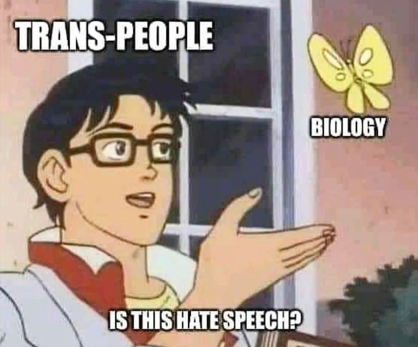 Un mème "Est-ce un pigeon" montrant un homme étiqueté "Personnes trans" pointant vers un papillon étiqueté "Biologie" et demandant "Est-ce un discours de haine?".