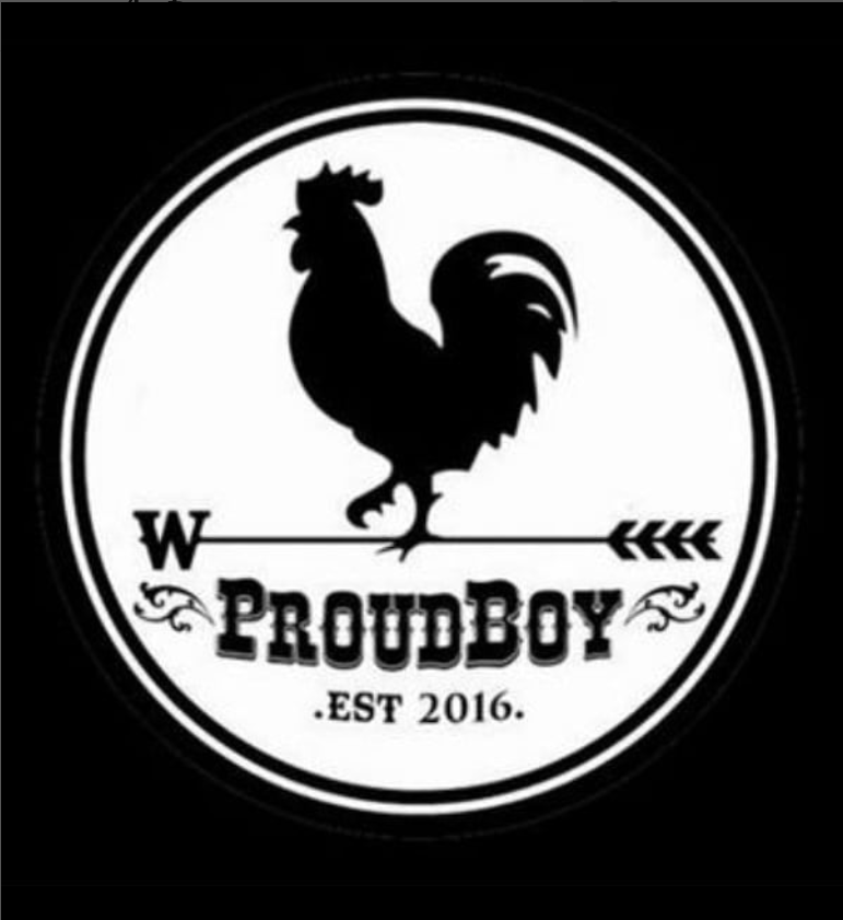 The logo of the Proud Boys. It features a rooster standing on an arrow with a 'W' for its head. Below the rooster, text reads "Proud Boy, est 2016."