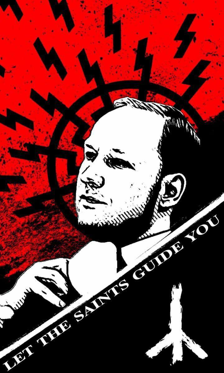 A drawing of Anders Breivik Standing in front of a sonnenrad. Below, the death rune is present and text reads 'Let the Saints guide you'.