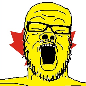 Soyjak filled in with a solid yellow colour in front of the maple leaf on the Canadian flag. A soyjak is a wojak making a "soyface" or "nu-male mouth" expression.