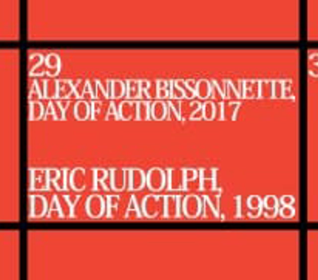 Calendar date listing two "Days of Action", Alexander Brisonnette, and Eric Rudolph.