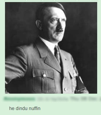 Une capture d'écran d'une photo d'Hitler publiée sur un forum en ligne. Une légende sous l'image indique 'he dindu nuffin'.