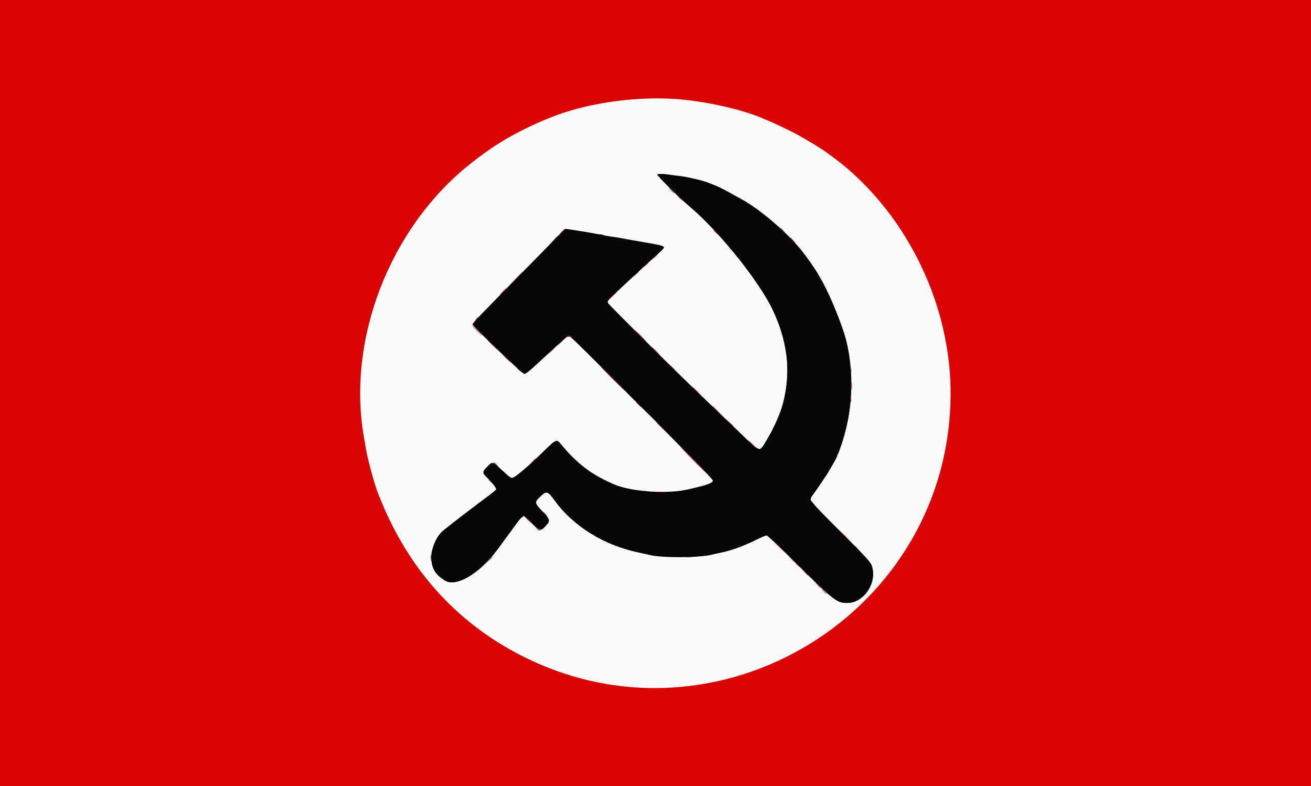 Un drapeau national bolchevique. Il présente un fond rouge avec un cercle blanc en son centre. Dans le cercle blanc se trouve un marteau et une faucille noirs.