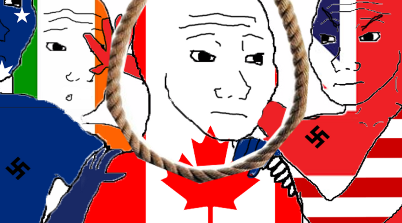 5 Wojaks filled in with flags surround a wojak filled in with a Canadian flag. The Canadian wojak is labelled "CUCK" with a yellow star. The other wojaks are: A New Zealand wojak with a rainbow flag on him, n Australia wojak with a Swastika on him, an Irish wojak who is being pushed by a U.K. wojak with a Swastika on him, and a U.S. wojak with a Swastika on him. In front of the Canadian wojak is a noose, as though he is about to be hanged.