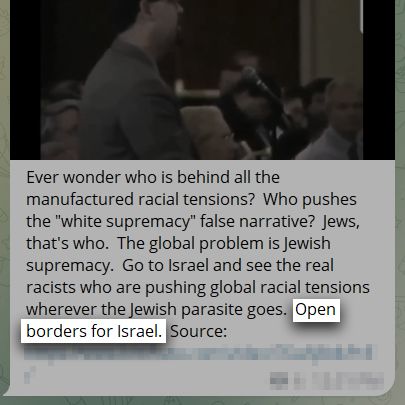 Une capture d'écran d'un message de forum avec un texte qui dit '> forcer le multiculturalisme au Canada. Ouvrez les frontières pour vous mais pas pour Israël ».