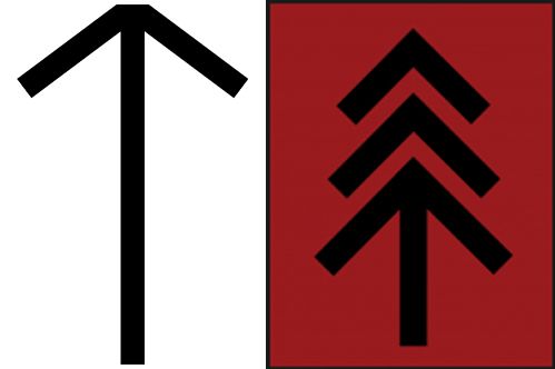 Left: A plain black Tyr on a white background. It resembles an arrow. Right: Three black Tyr runes stacked atop another on a red background.