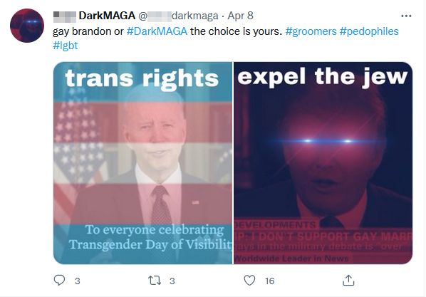 Tweet from a "Dark MAGA" account: "gay brandon or #DarkMAGA the choice is yours. #groomers #pedophiles #lgbt" Attached are two images. One shows Joe Biden overlayed with a trans pride flag and "trans rights". The other is red and blue filtered still of Donald Trump with laser eyes and the text "expel the jew".