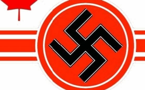 Refonte d'un drapeau impérial allemand nazi. Il comporte une grande croix gammée sur un cercle rouge entouré d'un fond blanc. Une feuille d'érable rouge se trouve dans le coin supérieur gauche.