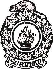 Un castor perché sur une large couronne de feuilles d'érable. Une torche est au centre. Le texte ci-dessous indique "Serviam".