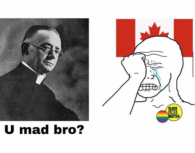 Une BD à deux volets. À gauche, une photo de Lionel Groulx, regardant vers un wojak en pleurs devant un drapeau canadien, qui porte des épinglettes BLM et Pride. Groulx demande 'tu es fou mon frère?' au wojak qui pleure.