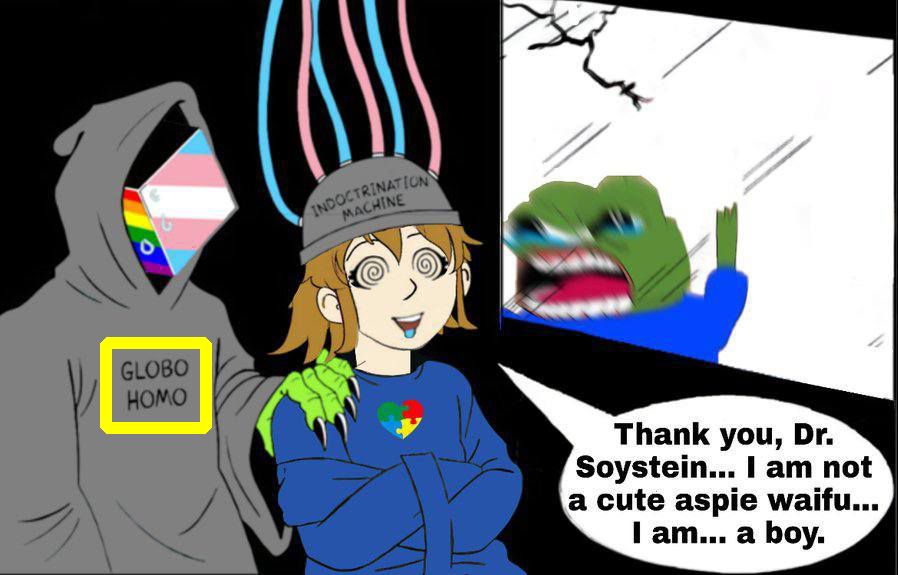 A meme showing a character assumed to be female in a straightjacket and with an 'indoctrination machine' attached to her head, which itself is attached to trans-pride coloured cables, and says 'Thank you Dr. Soystein... I am not a cute aspie waifu... I am... a boy.' She is being held there by a nefarious looking character wearing a hooded cape and whose face is the colour of the transgender flags and Pride flags - he is labelled globohomo. In an adjacent room, a Pepe is seen tapping on a window in anger, cracking it.