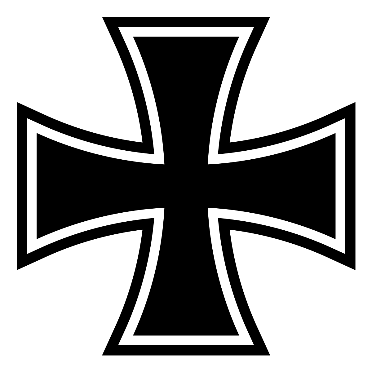 Une croix de fer. C'est une croix noire, avec deux bras concaves de même longueur qui se croisent en leur centre. La croix a un contour qui suit la forme de ses bras.