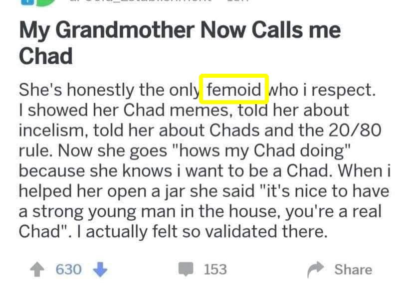Une capture d'écran d'un post Reddit qui dit "Ma grand-mère m'appelle maintenant chad : elle est honnêtement la seule fémoïde que je respecte". Je lui ai montré des mèmes de Chad, lui ai parlé de l'incelisme, lui ai parlé de Chads et de la règle des 20/80. Maintenant, elle dit "comment va mon Chad" parce qu'elle sait que je veux être un Chad. Quand je l'ai aidée à ouvrir un bocal, elle m'a dit 'C'est bien d'avoir un jeune homme fort à la maison, tu es un vrai Chad'. En fait, je me sentais tellement validé là-bas.