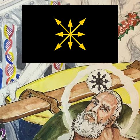 Dessin d'Aleksander Dugin en ange juvénile. Dans son auréole se trouve une Étoile du Chaos. Le drapeau du parti Eurasie est placé à titre de référence. C'est une étoile jaune du chaos sur fond noir.