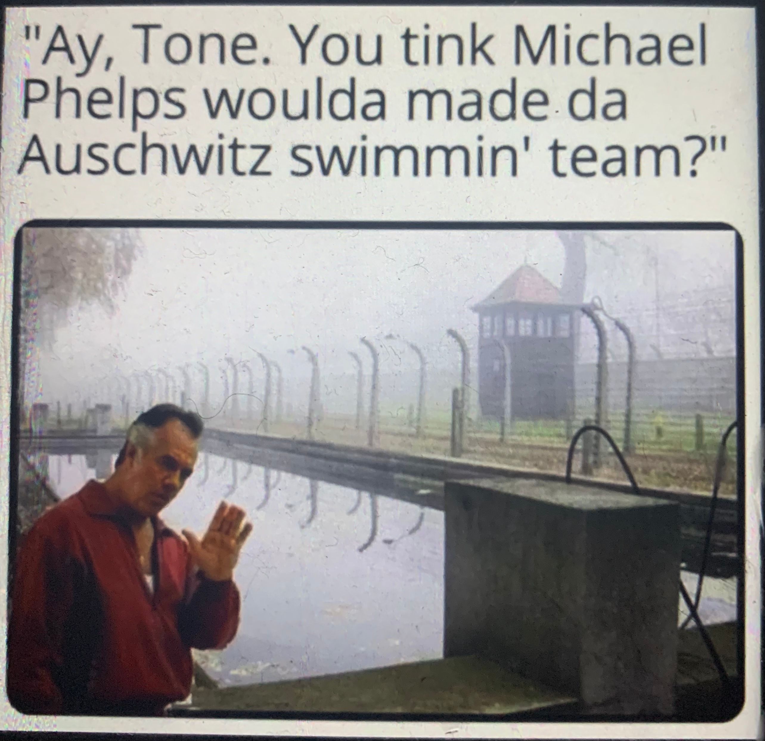 A picture of Paulie from The Sopranos standing by the Auschwitz pool, with text above that reads 'Ay, Tone. You tink Michael Phelps woulda made da Auschwitz swimmin' team?'.