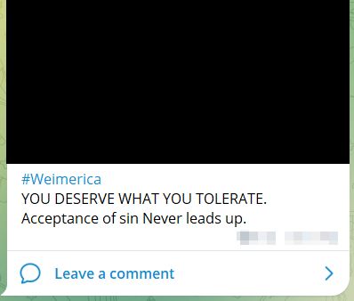 Une capture d'écran d'une publication sur les réseaux sociaux qui dit "#Weimerica VOUS MÉRITEZ CE QUE VOUS TOLÉREZ". L'acceptation du péché ne conduit jamais.'