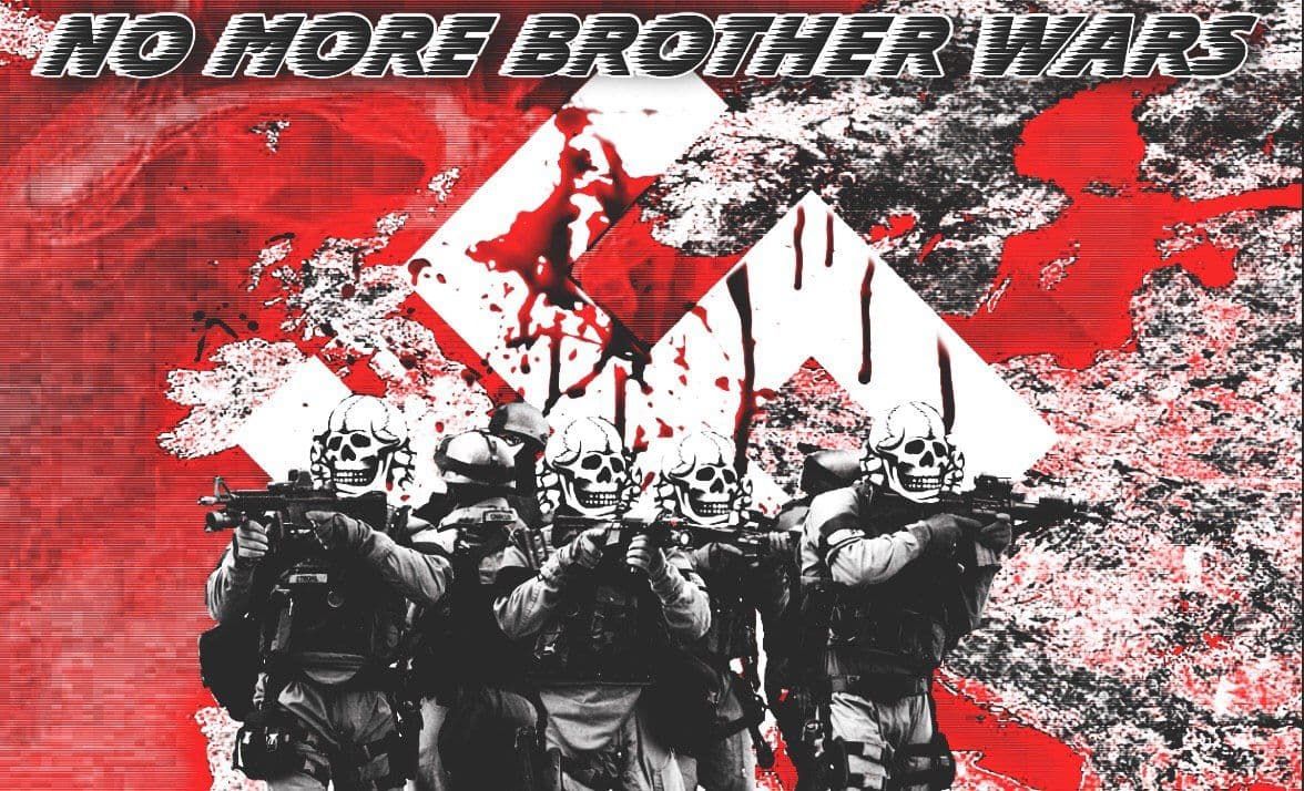 Une photo montrant des soldats avec leurs têtes remplacées par des têtes de morts. Ils se tiennent devant une grande croix gammée blanche tachée de sang. Ci-dessus, le texte lit 'No More Brother Wars'.