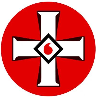 A Ku Klux Klan logo: A white iron cross on a red circle. In the centre of the cross is a diamond shape with a red drop resembling blood on it.