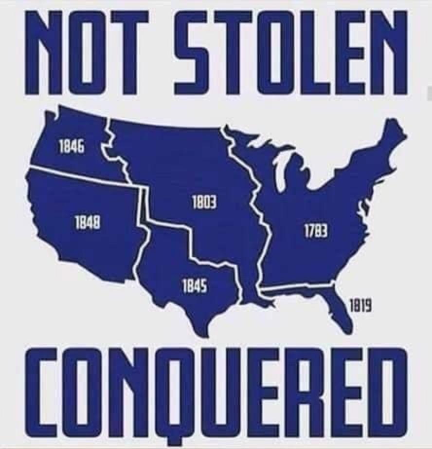 Design of a Patriot Front sticker that shows a map of the United States with years that regions were "conquered". Text on it reads "NOT STOLEN CONQUERED".