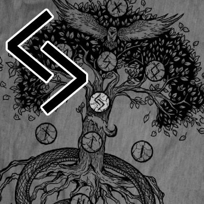Illustration sur un t-shirt. Il représente plusieurs runes sur un arbre. La rune Jera, deux angles sous forme de lignes individuelles empilées l'une sur l'autre, est au centre. Il ressemble à un "<" sur un ">". Un Jera est placé sur l'image pour référence.