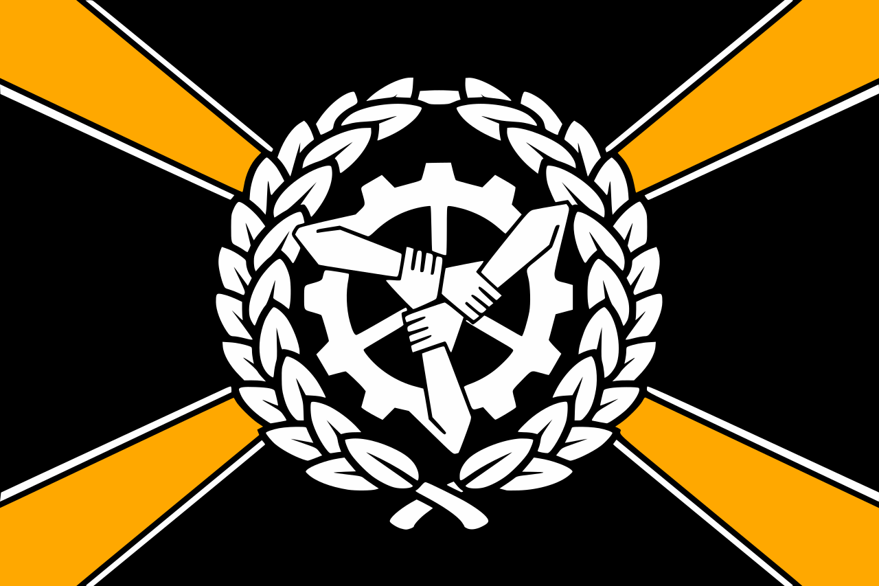 The flag of Iron March. A gear inside of a wreath has three arms coming out of it. The arms interlock hands in the centre of the gear. Coming out of the wreath are four organe-yellow stripes that reach the corners of the black flag.